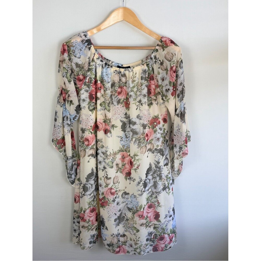 Love Ryan Floral Shift Dress Large Bell Sleeve Cream Boho